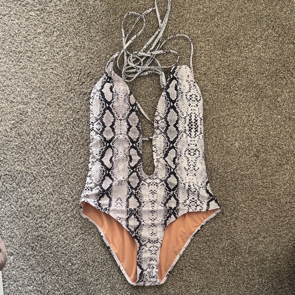 Snake Print One-Piece Swimsuit with Plunge Neck